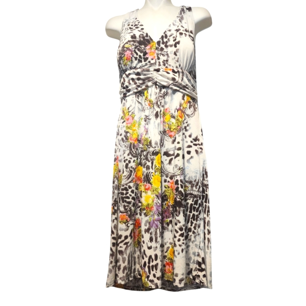 Talia Animal Print Floral Multicolor Open Back  Midi Dress